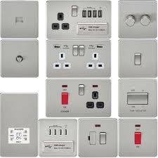 Screwless Flat Plate Electrical Light Switches Plug Sockets Brushed Chrome Sockets Plug Socket Light Switch