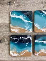Beach Resin Coasters Coastal Wood Resin Ocean Wave Bar Cart Etsy Resin Art Diy Resin Art Wood Resin