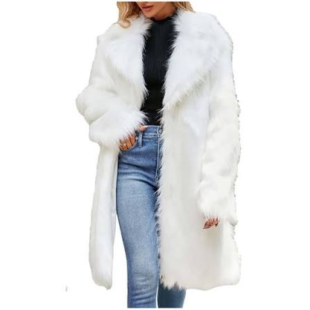 Elainilye Fashion Long Winter Coats for Women Ladies Warm Faux Furry Long Coat Jacket Winter Solid V-neck Outerwear,White, Women's, Size: XS(US:2)