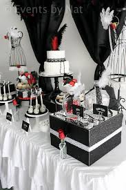 Black And White Table Decorations For Birthday Party Roaring 1920 S Black White And Red Dessert Table Birthday Party Table Decorations Birthday Themes For Adults Birthday Party Tables
