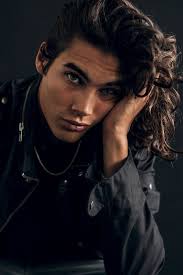 Young male model waiting for new hairstyle with lilac hair coloring. Multiculturalmodels Vito Basso Img Models Dark Hair Blue Eyes Vito Basso Long Dark Hair