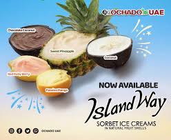Smooth and delicious fruit sorbets in the natural fruit shells. Ochado Karama Introducing Our New Trade Partner Island Way Sorbet Ice Creams Each Individual Fruit Sorbet Has A Smooth Luscious Flavour That Is Both Refreshing And Calorie Conscious Nestled In