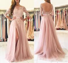 2019 Elegant Blush Prom Dresses Bateau 3 4 Long Sleeve Backless Side Split Sweep Train Long Lace Top Appliques Sash Party Evening Gowns Red Prom Dresses Uk Sequ Blush Pink Bridesmaid Dresses