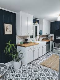 Wood Countertops Painted Ceramic Tile Apron Sink Aged Brass Faucet And Hardware Navy Blue Wa With Images Wood Countertops Kitchen Blue Kitchen Walls Navy Kitchen Walls