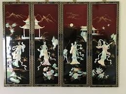 Asian wood wall decor plaque. 4 Piece Vintage Asian Mother Of Pearl Black Wall Panels Women In Dresses Ebay