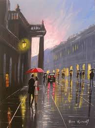 Pete Rumney Art Original Canvas Painting Umbrella Rain Theatre Royal Newcastle Original Canvas Painting Original Canvas Art