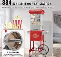 VEVOR 850-Watt 8 oz. Red Popcorn Maker on Wheels Kettle Commercial Popcorn Machine with 3-Switch Control CSBMHJ8OZ850W171EV1