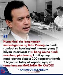 TRILLANES TO ICI: MAGSARA NA KAYO! Former senator Antonio Trillanes IV  sharply criticized the Independent Commission for Infrastructure (ICI) due  it's current situation, echoing growing public calls for the body's closure  due