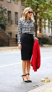 Black And White Gingham Shirt Womens Consider Teaming A Red Blazer With A Black Pencil Skirt For An Effortless Kind Of Elegance Round Gingham Outfit Black Pencil Skirt Outfit Pencil Skirt Outfits