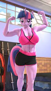2889853 - suggestive, artist:anthroponiessfm, twilight sparkle, anthro, 3d,  abs, belly button, breasts, busty twilight sparkle, cleavage, clothes,  female, flexing, gym, looking at you, muscles, shorts, solo, solo female,  source filmmaker, sports, sports