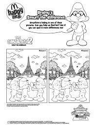 Two smurfs on the sidewalk. Mcdonalds Happy Meal Coloring Page And Activities Sheet The Smurfs 2 Spot The Difference Kids Time