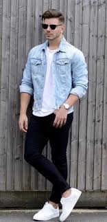 Black And White Combination T Shirt Fall Combo Inspiration With A Light Wash Denim Jacket White T Shirt Black Denim Sunglasses No Show Sock Stylish Men Casual Denim Outfit Men Mens Casual Outfits