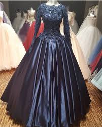 Navy Blue Lace Long Sleeves Wedding Dresses Ball Gowns Long Sleeve Wedding Dress Lace Ball Gowns Ball Gowns Prom