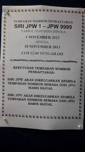 Tidak ada peserta atau hanya 1 (satu) peserta yang menyampaikan penawaran harga sampai batas akhir penyampaian penawaran. Jpj Johor On Twitter Tender No Siri Jpw Mula 1 Nov 18 Nov 2013 Kp Jpj Jpj Malaysia Ukk Mot Zeekay15 Khalednordin Http T Co Oxb8x1a4a1