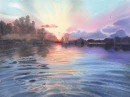 Watercolor painting, also aquarelle from french, is a painting method. Sunrise On The River In Wildlife Nature Watercolor On Watercolour Paper Original Decor For Interior Painting By Samira Yanushkova Saatchi Art