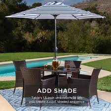 Outdoor patio dining table, 32in outside round bistro glass tables with tempered glass top and umbrella hole, wrought iron frame patio table for patio backyard garden balcony. Best Choice Products 5 Piece Indoor Outdoor Wicker Patio Dining Table Furniture Set W Umbrella Cutout 4 Chairs Cream Walmart Com Walmart Com