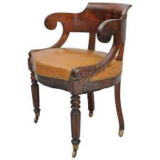 Antique English Empire Regency Mahogany Curved Caramel Leather Library Armchair Furniture Chair Furniture Removal