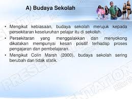 Budaya sekolah merupakan elemen yang penting dalam sesebuah sekolah dan dipengaruhi oleh nilai dan kepercayaan yang menjadi asas dam visi sekolah. Ketaksamaan Peluang Pendidikan Ppt Download