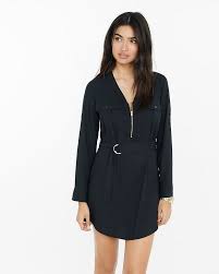 Express Long Sleeve Zip Front Shirt Dress Small Black Shirt Dress Dress Shirts For Women Ladies Mini Dresses