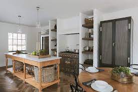 Above the island are two unique, silver pendant lights situated behind an exposed wood header. French Country Club Tudor By Summer Thornton Design Homeadore Eclectic Kitchen Kitchen Design Beautiful Kitchens