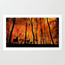 Forest Fire Art Print By Pirmin Nohr 14 56 A Deer Family Was Surprised By Fire In The Forest Silhouettes Trees A Fire Painting Fire Art Forest Painting