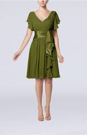 Olive Green Guest Dress Romantic Short Sleeve Zip Up Knee Length Short Sash Wedding Bjsbridal Guest Dresses Chiffon Party Dress Grey Bridesmaid Dresses