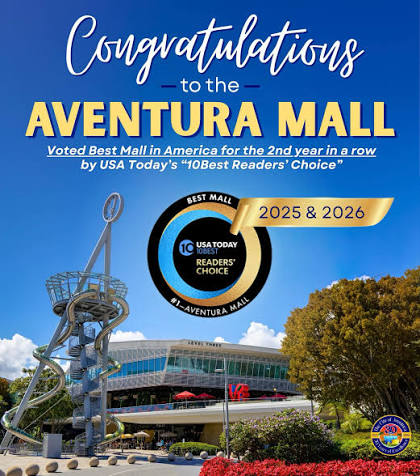 Congratulations to Aventura Mall on being named the USA TODAY Readers'  Choice for Best Mall in America for the second year in a row! Sitting in  the center of our city, Aventura