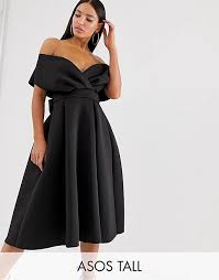 Well, formal dresses for tall women seem to be a bit hard to come by. Asos Design Tall Fallen Shoulder Midi Formal Dress With Tie Detail In Black Asos