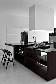 Modern Black And White Kitchen With Wooden Cabinets And Stools