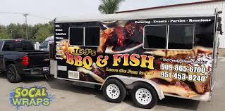 The feature item was smoked bbq pulled pork on a pretzel bun. Trailer Wrap For Bbq Fish Socal Wraps Bbq Fish Event Catering Seasonal Food