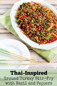 Thai Inspired Ground Turkey Stir Fry With Basil And Peppers Low Carb Gluten Free Ground Turkey Recipes Turkey Stir Fry Recipes