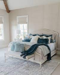 This monochromatic room is bursting with understated elegance and brilliant cream bedroom ideas. Fall Home Tour Highland House 2018 Blue Master Bedroom Neutral Bedrooms Blue Bedroom Decor