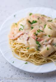 Shrimp Alfredo Pasta With Scallops Panlasang Pinoy Recipe Shrimp Alfredo Pasta Scallop Pasta Seafood Alfredo