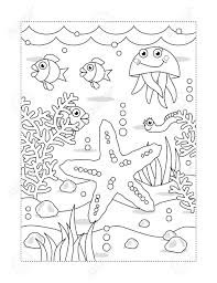Coloriage outline blank for kids pictures to print out coloring sheets. Coloring Page With Cartoon Underwater Scene And Starfish Jellyfish Algae Fish Waves Royalty Free Cliparts Vectors And Stock Illustration Image 149639662