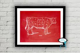 beef cow butcher diagram on a red chalkboard background