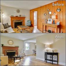 Homestaging Before And After Livingroom Paneling Removal Dry Wall Addition Neutral Paint And Living Room Remodel Paneling Makeover Small Basement Remodel