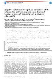 The services include psychological consultation, psychotherapy, counselling and psychological assessments for a variety of mental disorders such as such as depression, anxiety, obsessive compulsive disorder, bipolar disorder and psychotic disorder. Pdf Negative Automatic Thoughts As A Mediator Of The Relationship Between Depression And Suicidal Behaviour In An At Risk Sample Of Malaysian Adolescents