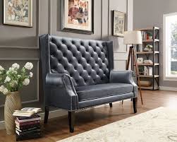 Curved and tufted back with a stylized shoulder board. 4943 Gy Odina Gray Fabric High Back Tufted Love Seat Entry Dining Bench