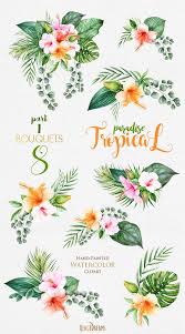 Tropical Watercolor Flowers Leaves Tropic Bouquets Clipart Hibiscus Pink Orange Floral Bright Green Foliage Wedding Invitation Png Comment Dessiner Une Fleur Art Floral Peinture Fleurs