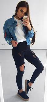 Summer Outfits Denim Jacket Black Skinny Ripped Pants Denim Jacket Women Modest Summer Outfits Summer Outfits