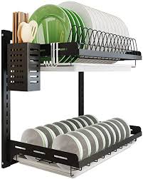 Amazon Com Kitchen Dish Rack Hanging Drying Plate Organizer Storage Shelf Over The Sink Junyuan 2 Tier Wall Mount Bowl Holder With Drain Tray With 3 Hooks Stainless Steel Black Coating 2 Tier Plate spring wall hanger holder hanging wire for various sizes art decoration. kitchen dish rack hanging drying plate organizer storage shelf over the sink junyuan 2 tier wall mount bowl holder with drain tray with 3
