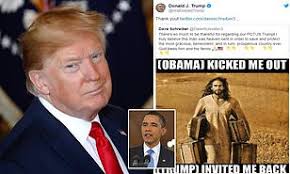 Discover a roundup of the best memes showing barack obama and joe biden's fictitious conversations about pranking donald trump. Trump Retweets 2 Year Old Meme Claiming He Brought Jesus Back To Us After Obama Kicked Him Out Daily Mail Online