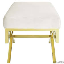 Benkelman bench with gold colored legs. Rove Velvet Bench In Gold Ivory