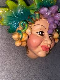 Vintage Hand Crafted & Painted Ceramic Face, 3-D Art Mask Wall Hanging