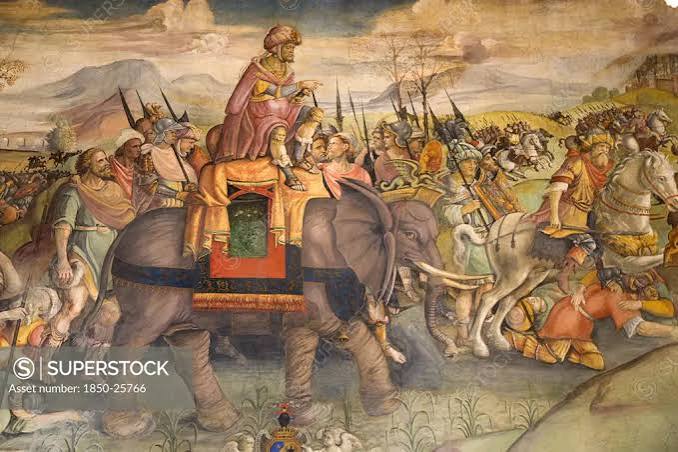 Italy, Lazio, Rome, Painting Of Hannibal On An Elephant With His Army On The Wall Of The Palazzo Dei Conservatori Capitoline Museum - SuperStock