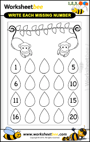 This kindergarten worksheet involves finding the missing numbers in a sequence of numbers. Printable Worksheet For Kids About Write Each Missing Number 1 20 Worksheet Bee