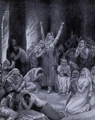 The Rajput ceremony of Jauhar during Akbar's attack, 1567. Jauhar is a tradition when the women defenders of a fort realise there is no escape from death and all the womenfolk self-immolate