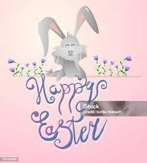 Happy Easter Easter Rabbit Bunny Standing Behind A Blank Sign Showing On  Big Sign Smiling Cute Funny Cartoon Rabbit Character Design Template For  Banner Flyer Invitation Greeting Card Poster Stock Illustration -