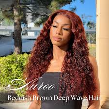Amazon.com : AUROO Reddish Brown Deep Wave Bundles with Closure Human Hair,  10A Auburn Red Curly Weave Sew in Thick Track Copper Red Deep Wave Human ...