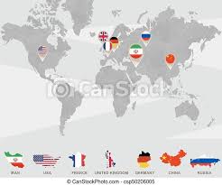 The map provides information to the user about the physical landforms, places of interest, cities and other aspects of the two countries. World Map With Iran Usa France Uk Germany China Russia Pointers Iran Sanctions Vector Illustration Canstock